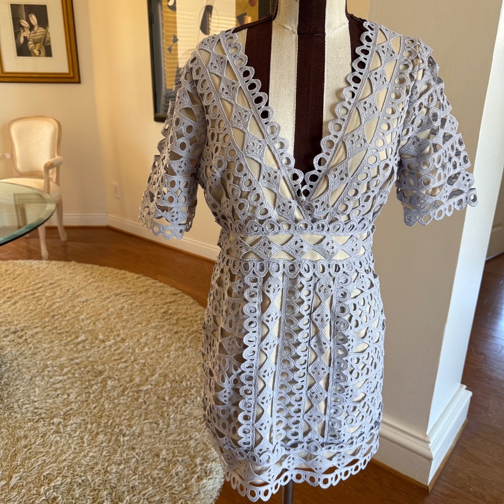 Just Me Women's Gray Lace Nude Lined Sheath Crochet Dress Sz M Party Wedding